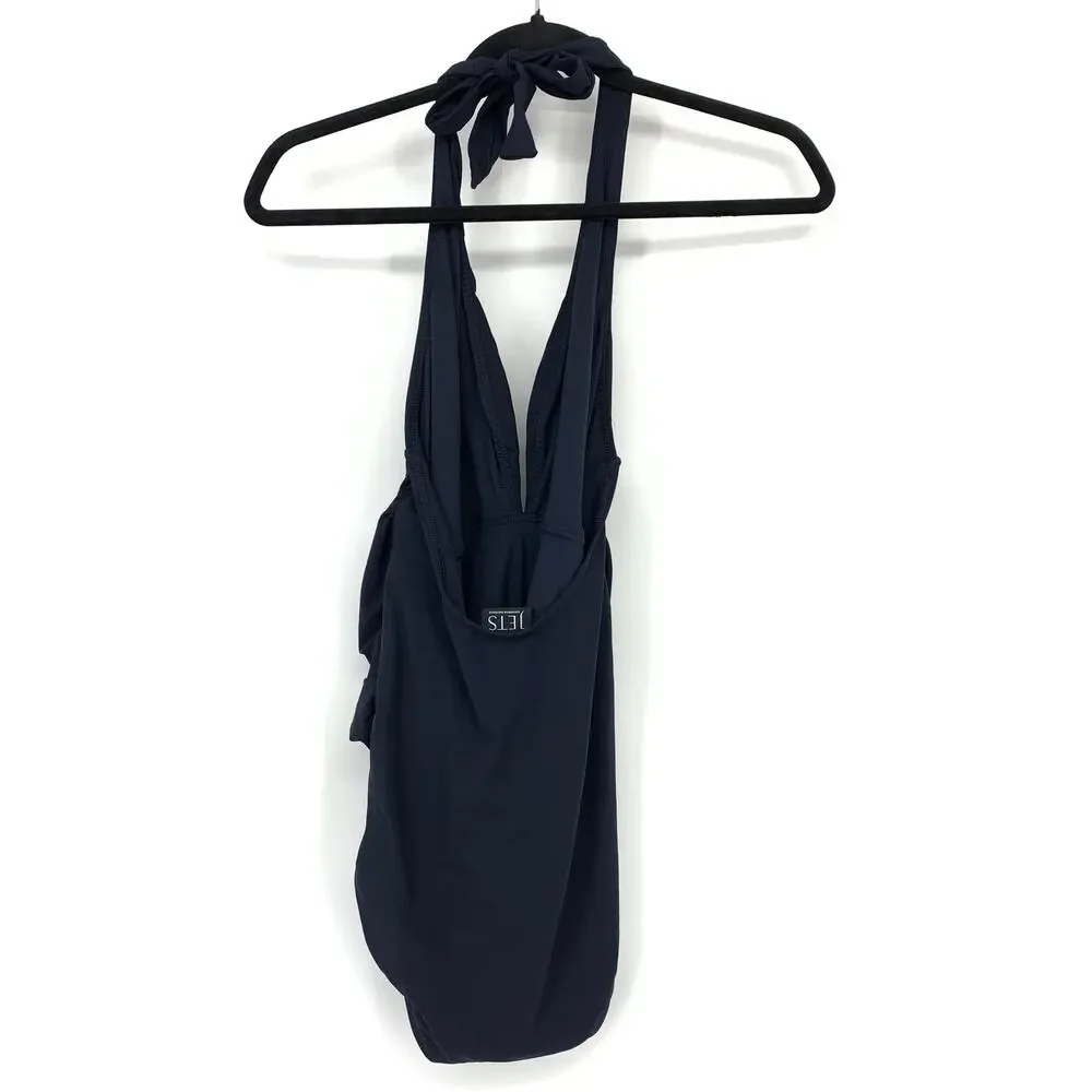 JETS Australia Halter Neck One Piece Swimsuit Womens US Sz 8 Ruched Belt Navy